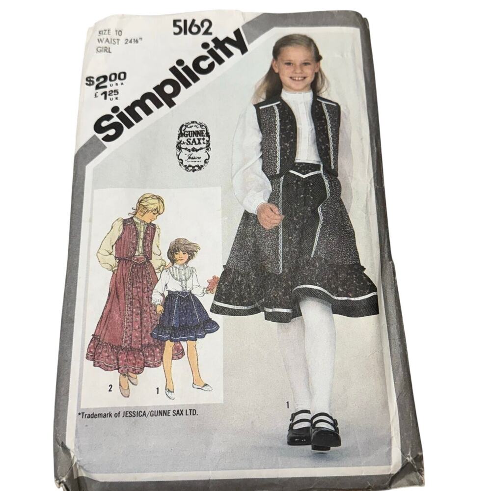 Vintage Gunne Sax Simplicity Sewing Pattern 5162 Girls Size 10 Skirt Blouse Vest